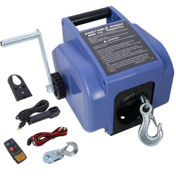 12V Trailer Winch – 2000 lbs, Reversible Electric Winch, Galvanized Rope, Wireless Remote, Blue Casing