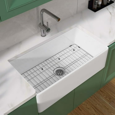 30 Inch Fireclay Farmhouse Kitchen Sink White Single Bowl Apron Front Kitchen Sink, Bottom Grid and Kitchen Sink Drain Included