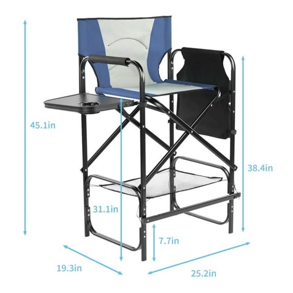 31" Tall Directors Chair with Footrest, 4Portable Bar Height Folding Camping Chair with Built-in Cup Holder, Side Table, Storage Pocket, Gray & Navy