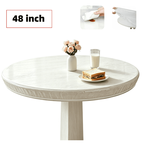 Clear Round Fitted Tablecloth Waterproof Oilcloth Heavy Duty Plastic Tablecloth Protector, 48" Elasticized Table Cover Elastic Edge Design Best for Up to 36"-44" for Round Table