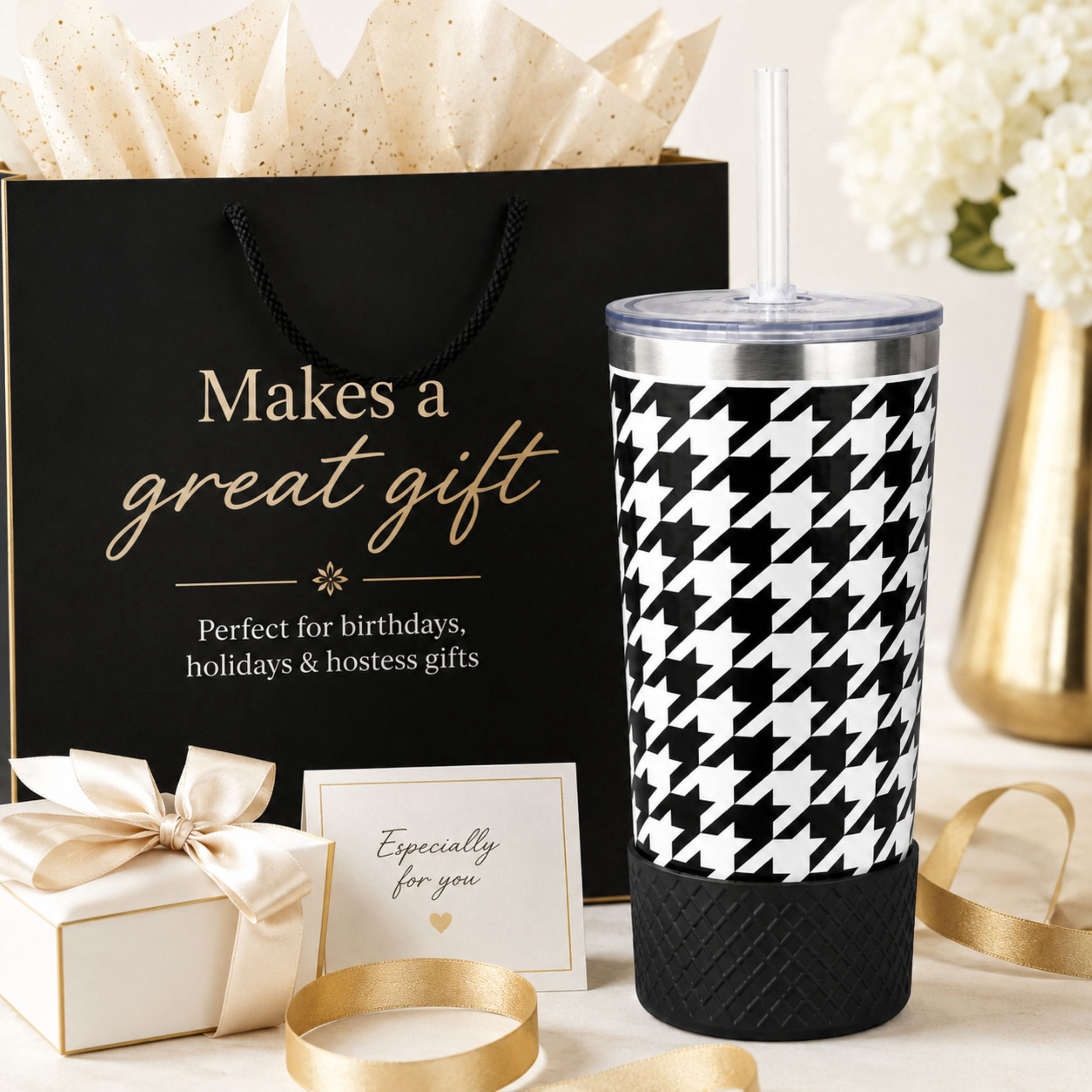 Biddlebee 20oz Insulated Stainless Steel Tumbler with Straw and Silicone Boot, Black & White Check