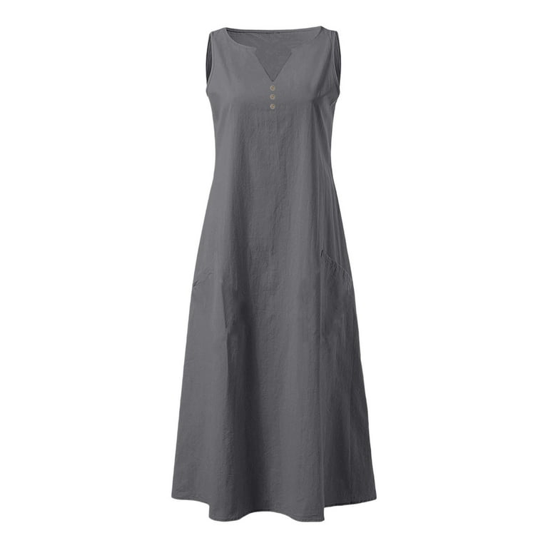 Efsteb Linen Dresses for Women Plus Size Button V Neck Sleeveless Tank Dress Casual Cotton Loose Long Dress with Pockets (Dark Gray,M), Women's, Size: