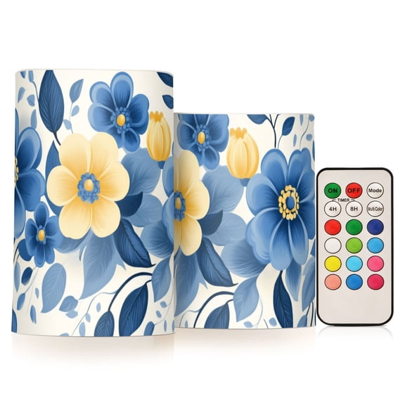 Delicate Blue and Yellow Flowers Flickering Flameless Candles LED Tealight Battery Operated with Remote Set of 2 Holiday Decor Ornaments