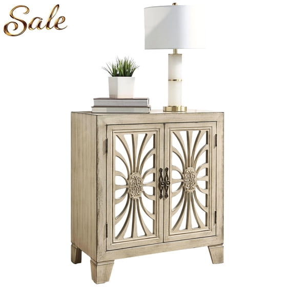 Gzxs Vintage Buffet Cabinet with 2 Mirrored Carved Doors, Accent Console Cupboard for Entryway, Bedroom, Living Room, 28"L x 15"W x 32"H (Antique White)