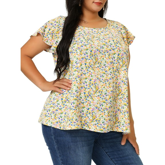 Agnes Orinda Women's Plus Size Floral Tops Round Neck Flare Short Sleeve Casual Spring Summer Blouse 1X Pink