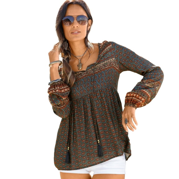 LASCANA Women's Long Sleeve Boho Print Top Tassels
