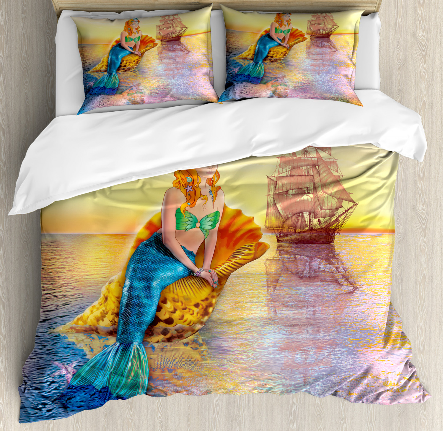 Mermaid Duvet Cover Set, Mythical Figure Sitting on a Giant Seashell in