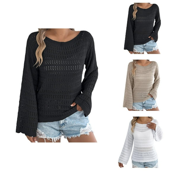 Sweaters for Women 2025 Lightweight Casual Long Sleeve Loose Crochet Hollow Out Knit Jumper Womens Pullover Sweaters