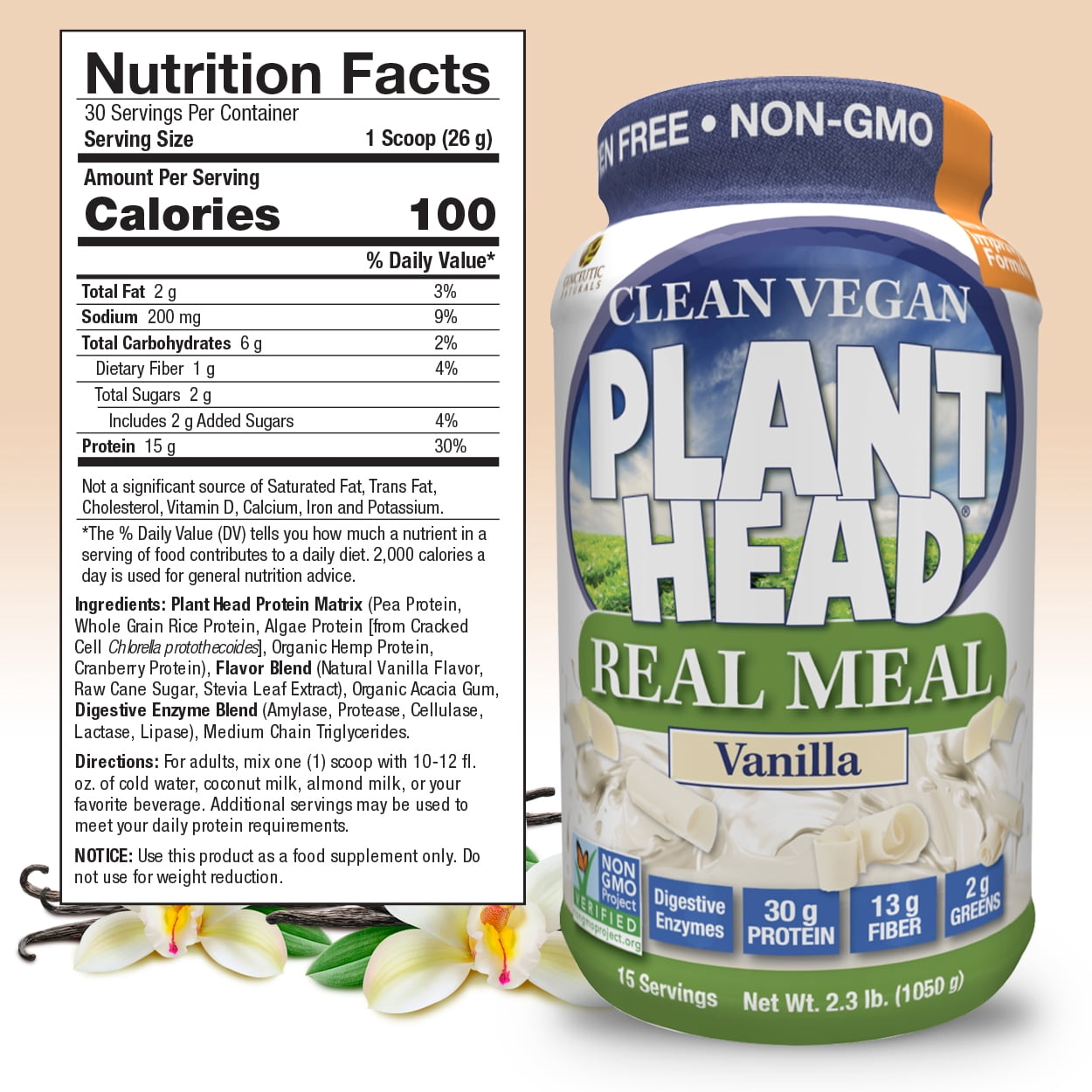 Nature's Answer Plant Head Real Meal Vanilla 30 g Plant Protein Powder 2.3 lb, Clean Vegan Meal Shake, Non-Dairy, Gluten-Free, Low Sugar