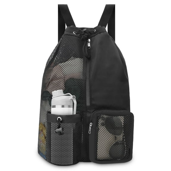 TSV Mesh Drawstring Backpack, Quick Drying Mesh Swim Equipment Beach Bag, Black