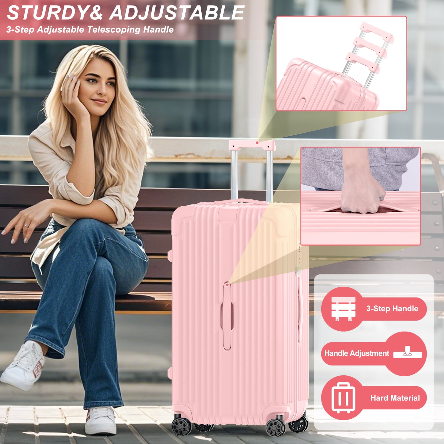 Checked Luggage PC ABS Hardshell Suitcase with Spinner Wheels TSA Lock USB Port and Cup Holder 28 inch Pink