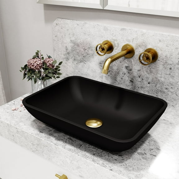 VIGO Matte Shell Sottile Glass Rectangular Vessel Bathroom Sink in Black with Wall-Mount Faucet and Drain in Matte Gold-VGT2064