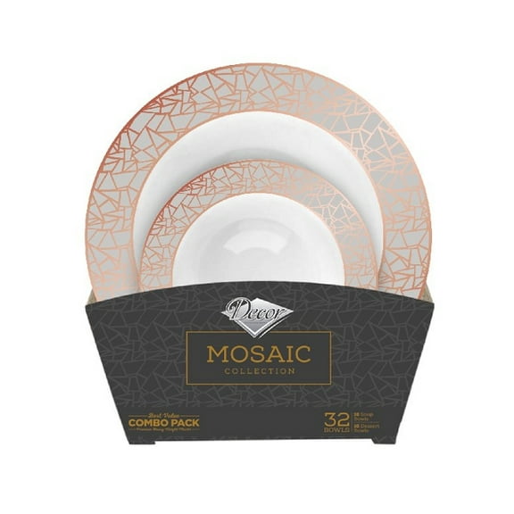 Mosaic Collection Tableware Set of 32 White Party Bowls w/Rose Gold and Silver Border