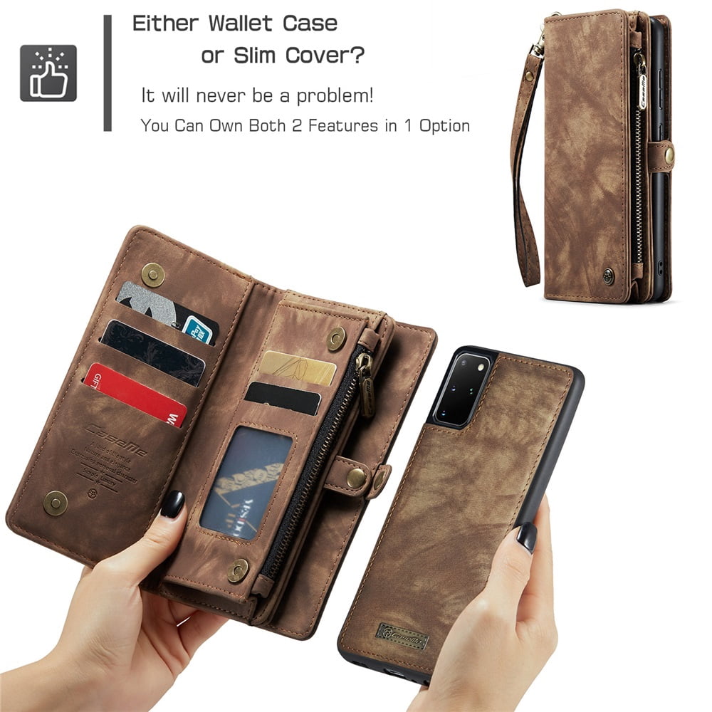 CaseMe Leather Case for Samsung Galaxy S20 Plus 5G,2 in 1 Detachable Wallet Case with 8-Card Holder Zipper Bills Slot,Magnetic Shockproof Flip Leather Cover Zipper Pocket Phone Cases,Brown