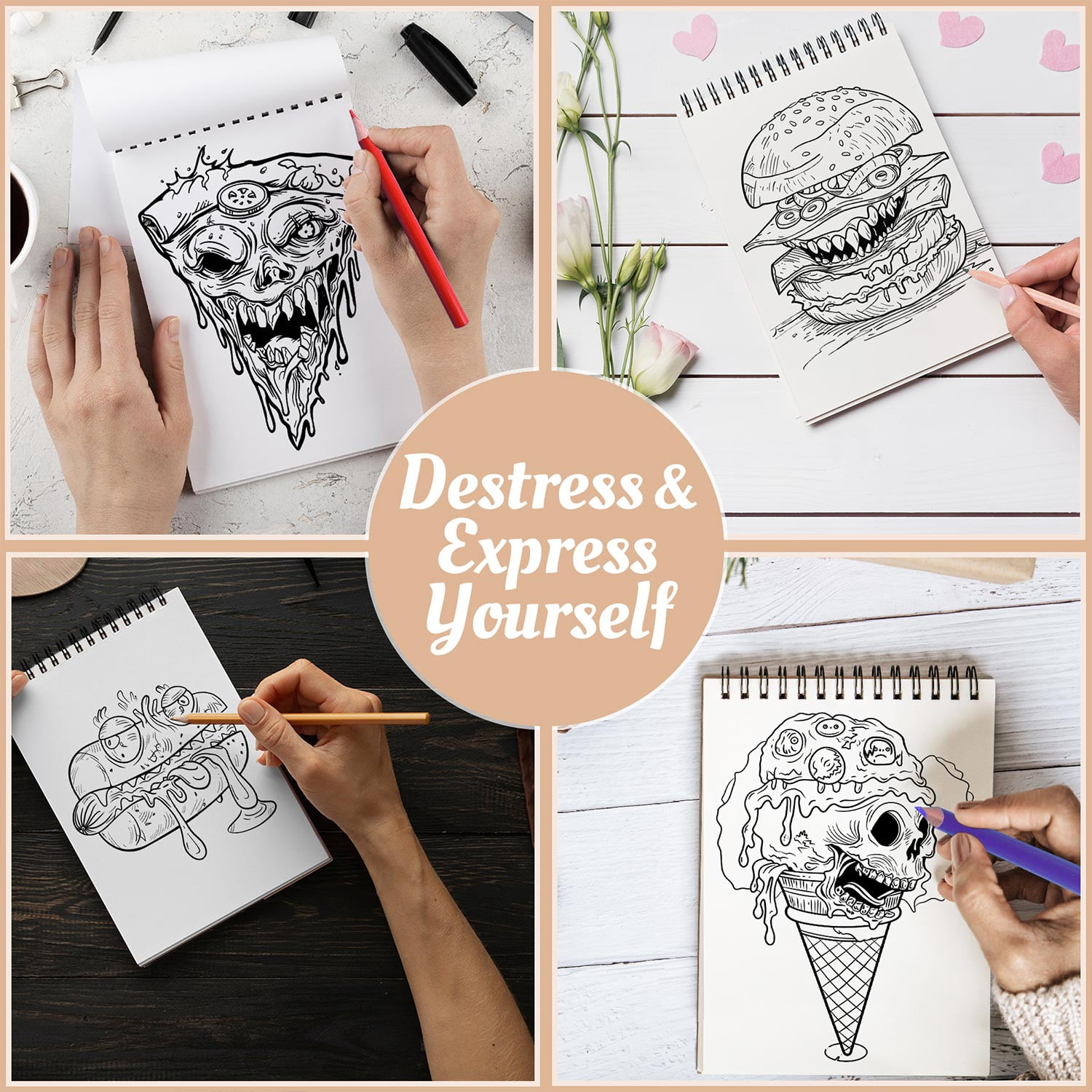 Netecom Zombies Food Coloring Book Spiral Bound for Adults, A5 Wooden Cover, 30 Cute and Funny Coloring Pages of Monster Foods for Stress Relief and Relaxation