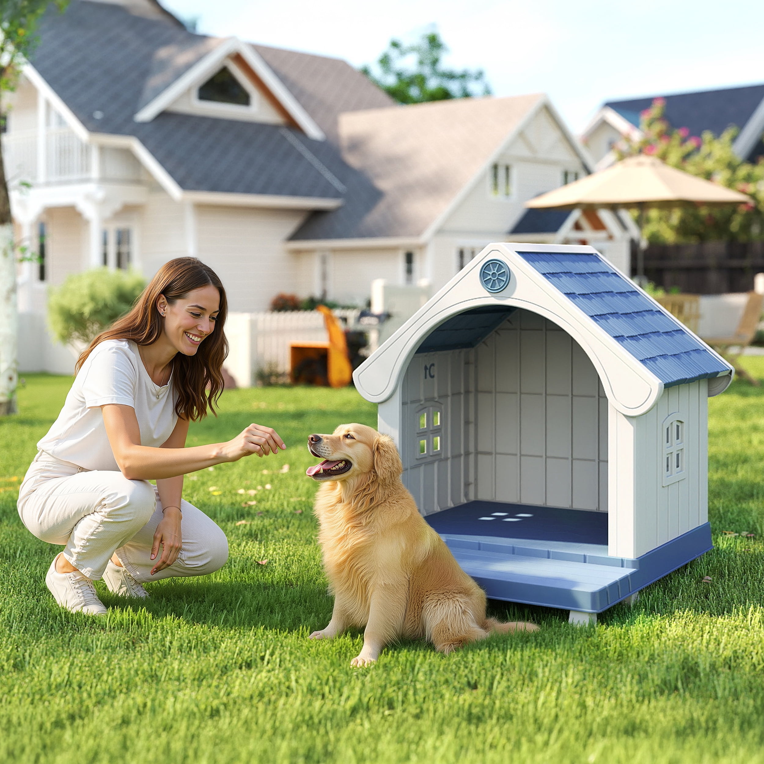 fazzn Elevated Resin Dog House with Porch, Weatherproof Outdoor Pet Shelter for Small to Medium Dogs, Easy Assembly & Durable.Blue,Father's Day Gift