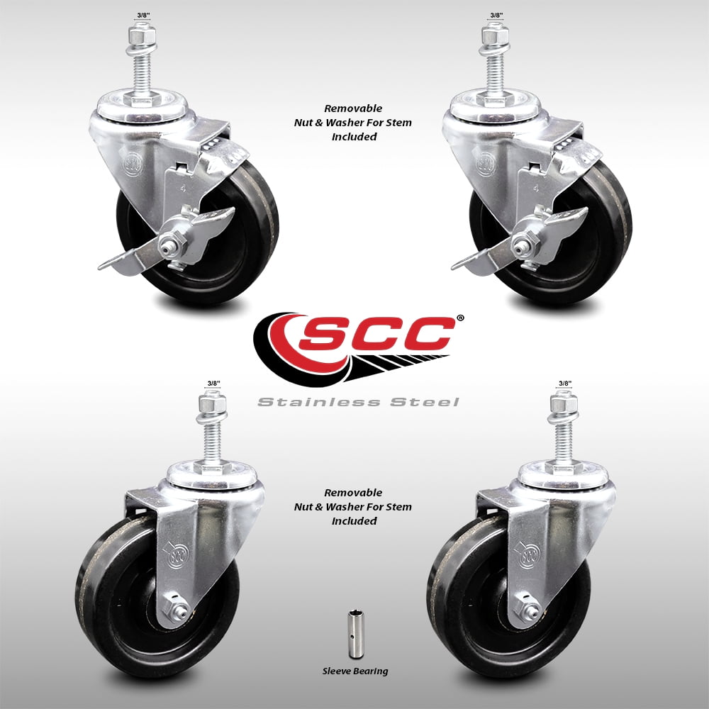 Set of 4 Rubber Swivel Stem Casters with 2 Wheels w 3/8 Threaded Stem 2