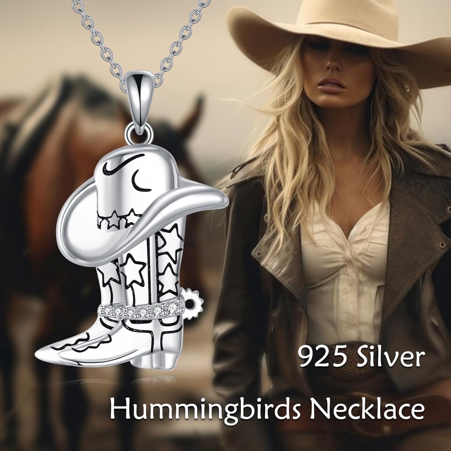 Cowboy Boot Necklace 925 Sterling Silver Cowgirl Hat Pendant Necklaces Western Country Jewelry Equestrian Gift for Women Men Cowboys Cowgirls Horse Lovers