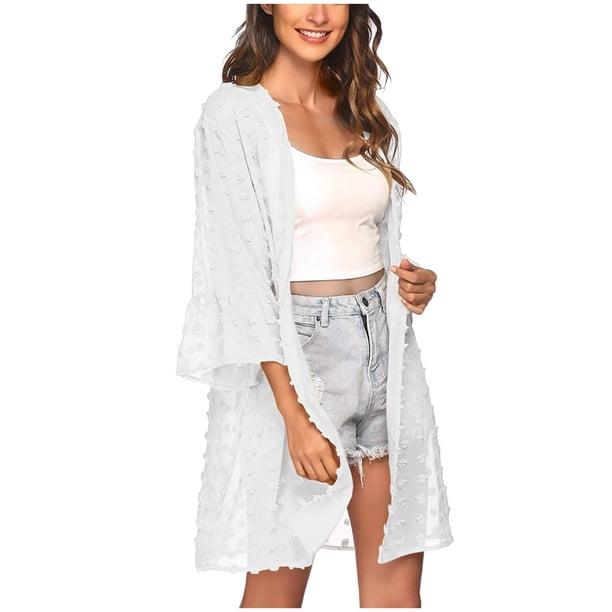 Puntoco Mujeres Sexy Gasa Perspectiva Playa Cubierta Sólido Manga 3/4 Cardigan Tops Blusa Puntoco Puntoco-1
