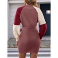 thumbnail image 5 of Women Colorblock Slim-Waist Knitted Bodycon Long Sleeve Fall Winter Casual Elegant Midi Sweater Dress Brick Red M, 5 of 9