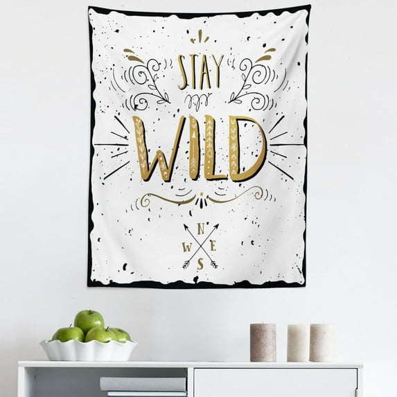 Saying Tapestry, Stay Wild Saying with Grunge Swirls Curves and Arrows Hand Lettering, Fabric Wall Hanging Decor for Bedroom Living Room Dorm, 5 Sizes, Pale Brown White, by Ambesonne