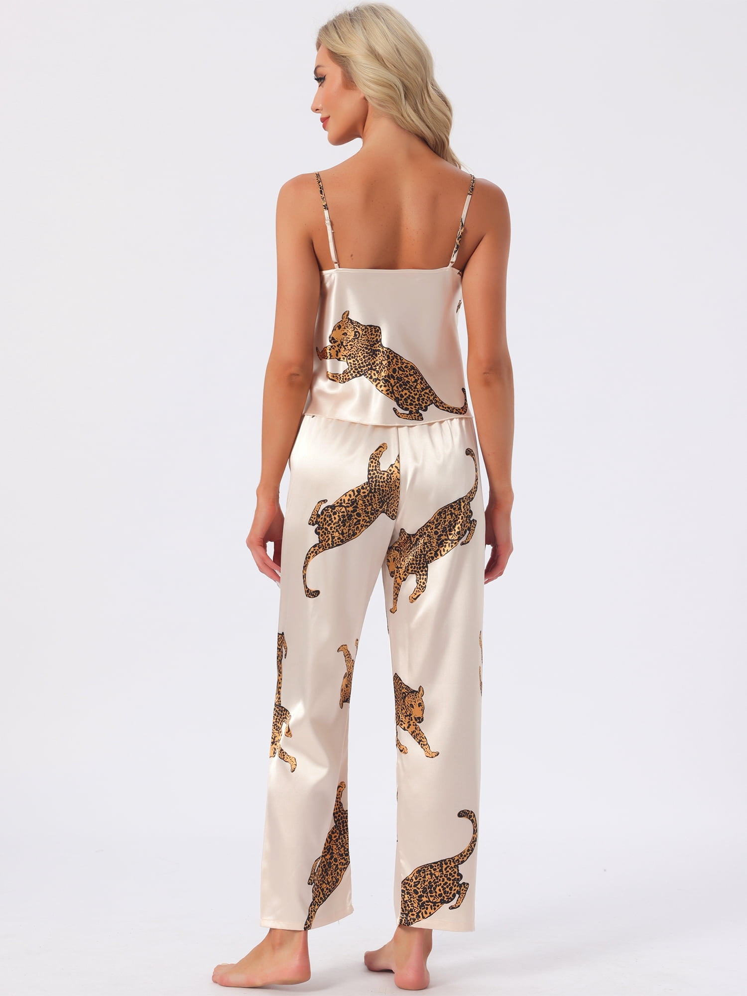 DARING DIVA Women's Leopard Satin Silky Soft V Neck Spaghetti Pants Pajama Set L Champagne