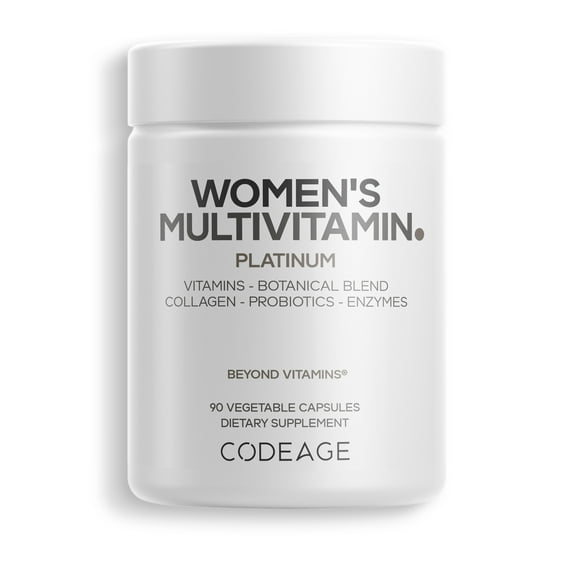 Codeage Women’s Multivitamin Platinum - Vitamins A D3 K1 K2 B12 & Minerals, CoQ10, Skin, Hair & Nails Complex, Collagen, Botanicals, Probiotics, Fermented Greens, Lutein, Astaxanthin - 90 Capsules