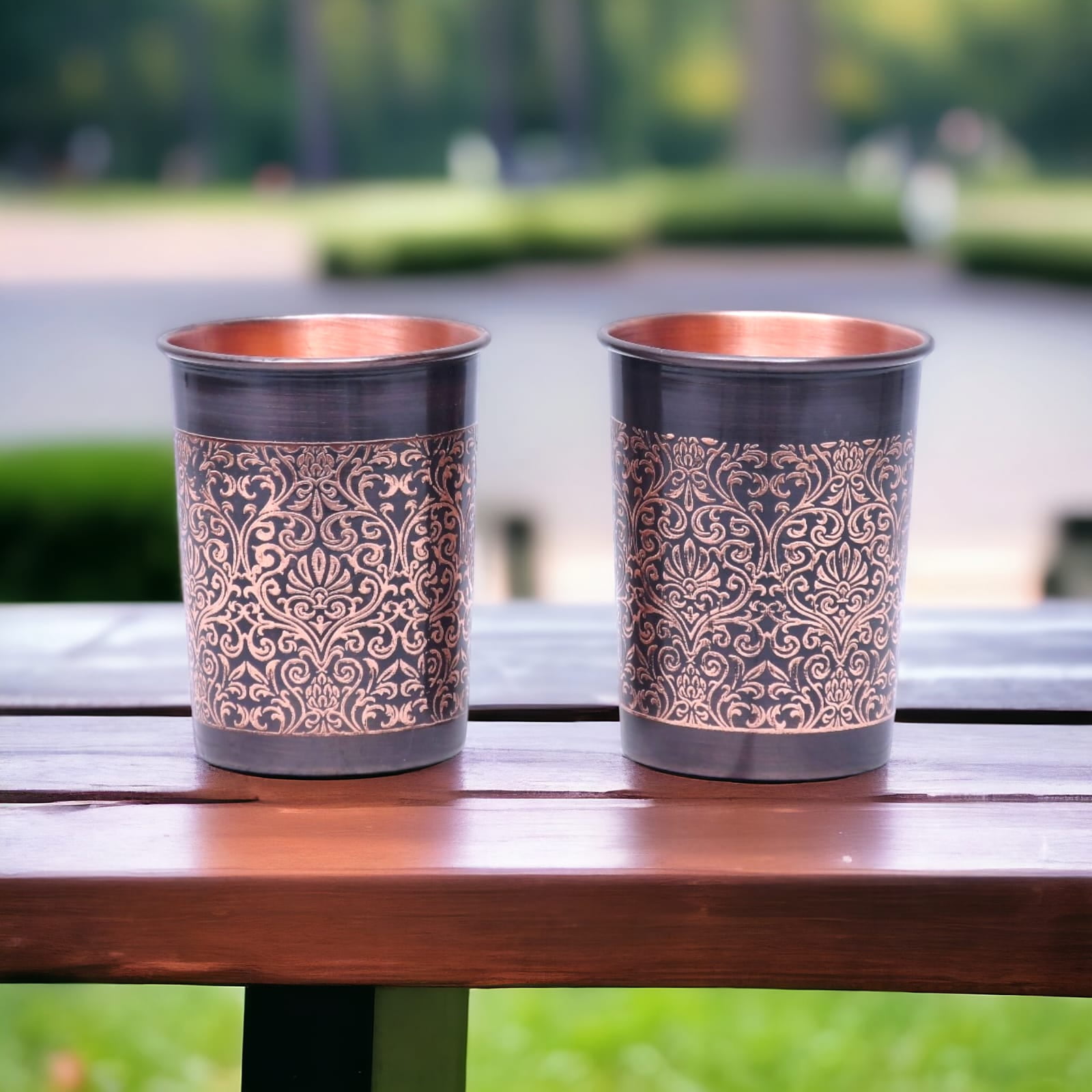 Pure Copper Water Bottle With Antique Floral Finish With 2 Tumbler Glass Set Ayurveda Health Benefits (950 ml, 300 ml)