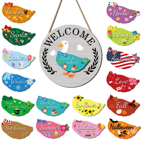 30cm Interchangeable Wooden Welcome Sign with 16 Magnetic Ornaments - Rustic Farmhouse Door Decor for Christmas, Easter, Fall, Spring, Summer, Halloween, Back to School & All Holidays Seasons