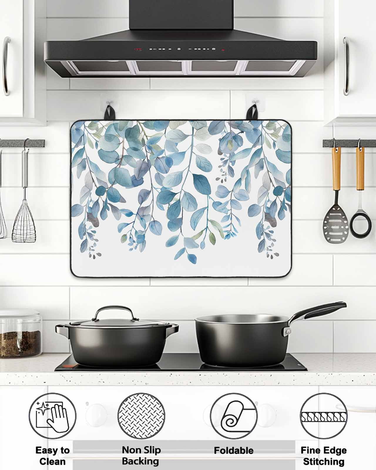 Stove Top Covers for Electric Stove, Blue Eucalyptus Leaves Glass Stovetop Cover Protector, Watercolor Botanical Weeping Induction Cooktop Protector Oven Mat for Kitchen Countertop 24"x21"