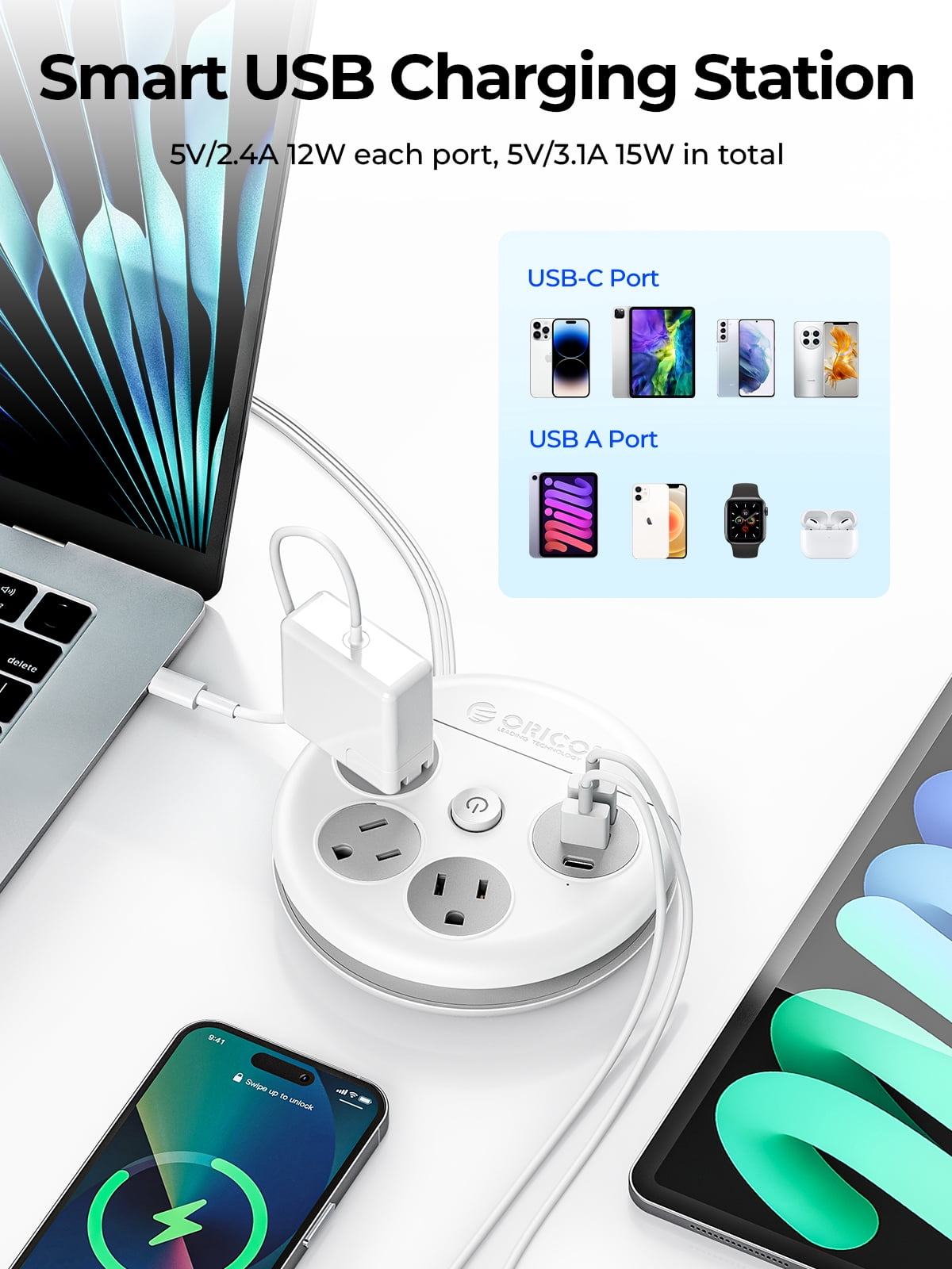 ORICO Flat Plug Power Strip 3 Outlets 3 USB A Ports 10 ft Long Extension Cord Power Strip with Switch