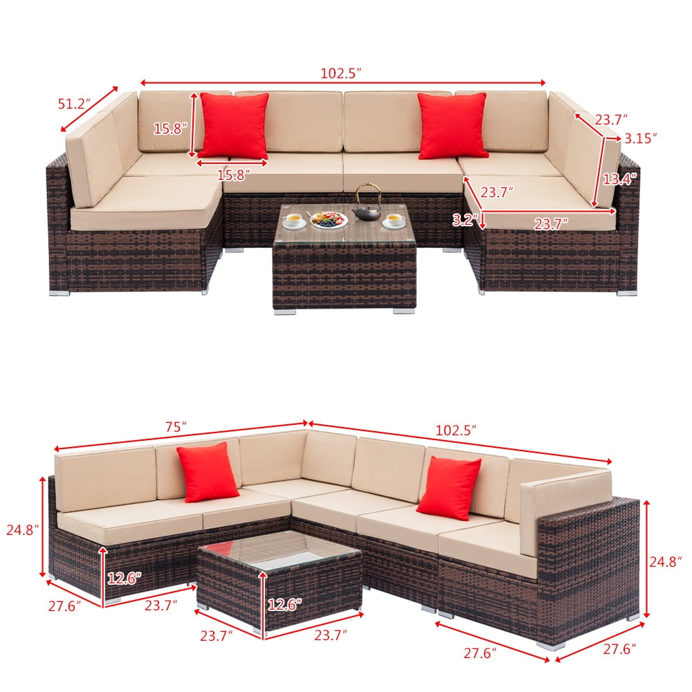 Seizeen Patio Funiture Set, Patio Sectional Sofa with 1 Multifunctional Table & Ottoman, 5-Piece Gray PE Wicker Rattan Sectional Sofa Set for Garden, Poolside, Backyard, Beige Cushions