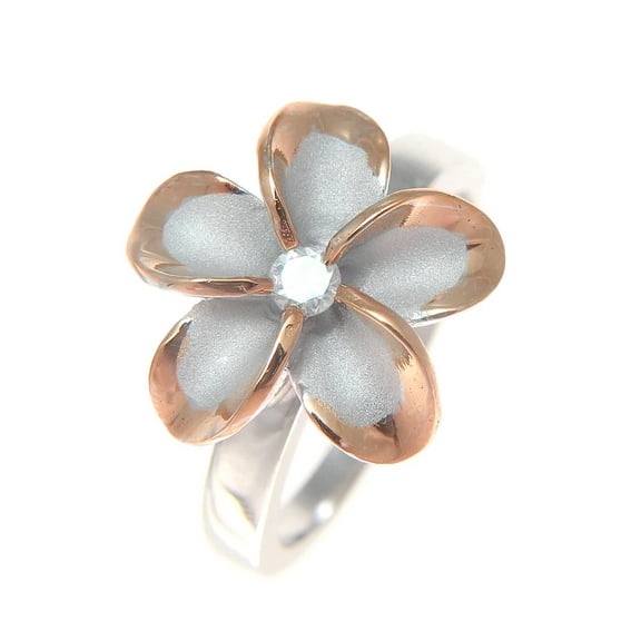 925 sterling silver Hawaiian 15mm plumeria flower cz rhodium and pink rose gold plated 2 tone ring size 6.5