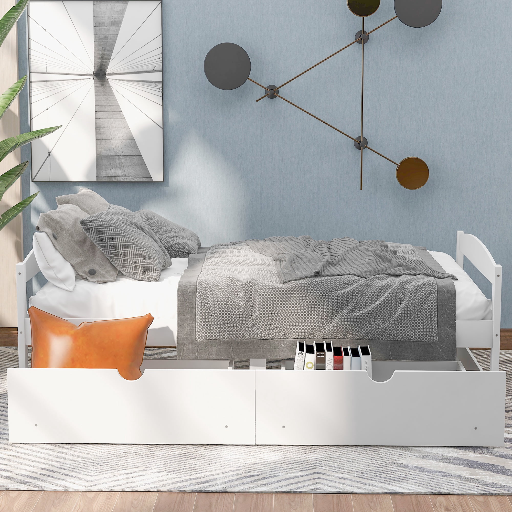 PORKISS Twin Bed Frame with 2 Storage Drawers, White Twin Size Platform Bed with Wood Slat Support, No Box Spring Needed, Wood Bed Frame for Kids, Teens, Guest Room