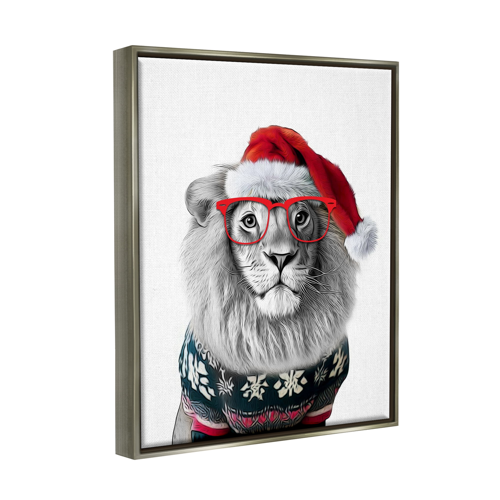 Stupell Industries Lion in Christmas Sweater Holiday Painting Gray Floater Framed Canvas Art Print Wall Art, 25 x 31