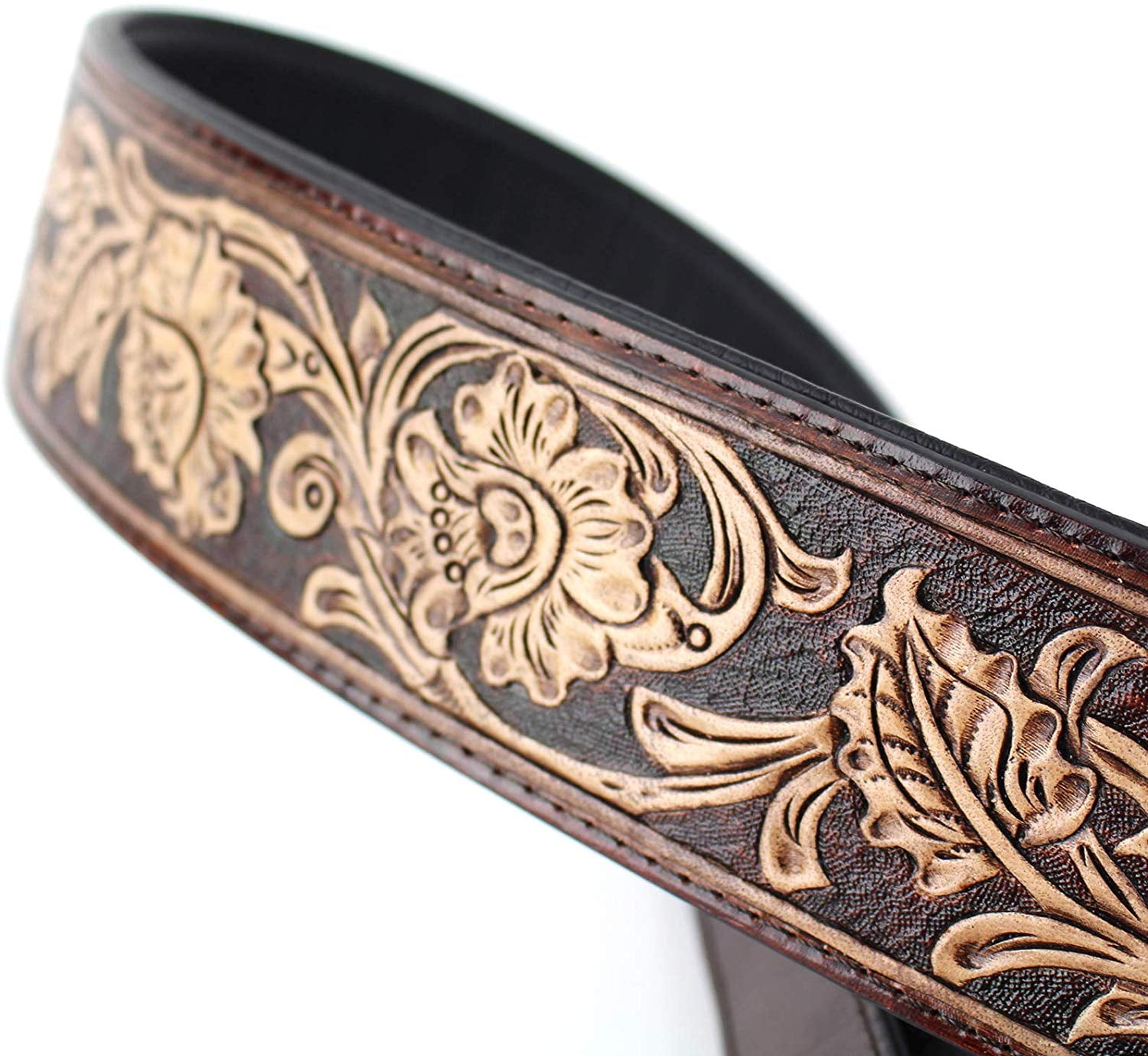 Walnut Brown Carving Leather Padded Guitar Strap With Hand Carved Traditional Western Tooling WW-KH-02-BRN