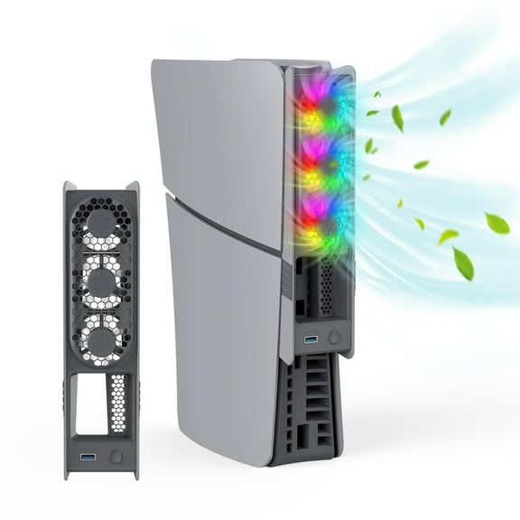 RGB Cooling Fan for PS5 Pro/P5 Slim – Auto Temperature Control, 5 Lighting Modes, USB 3.0 Port,Compatible with Disc & Digital Edition (Gray)