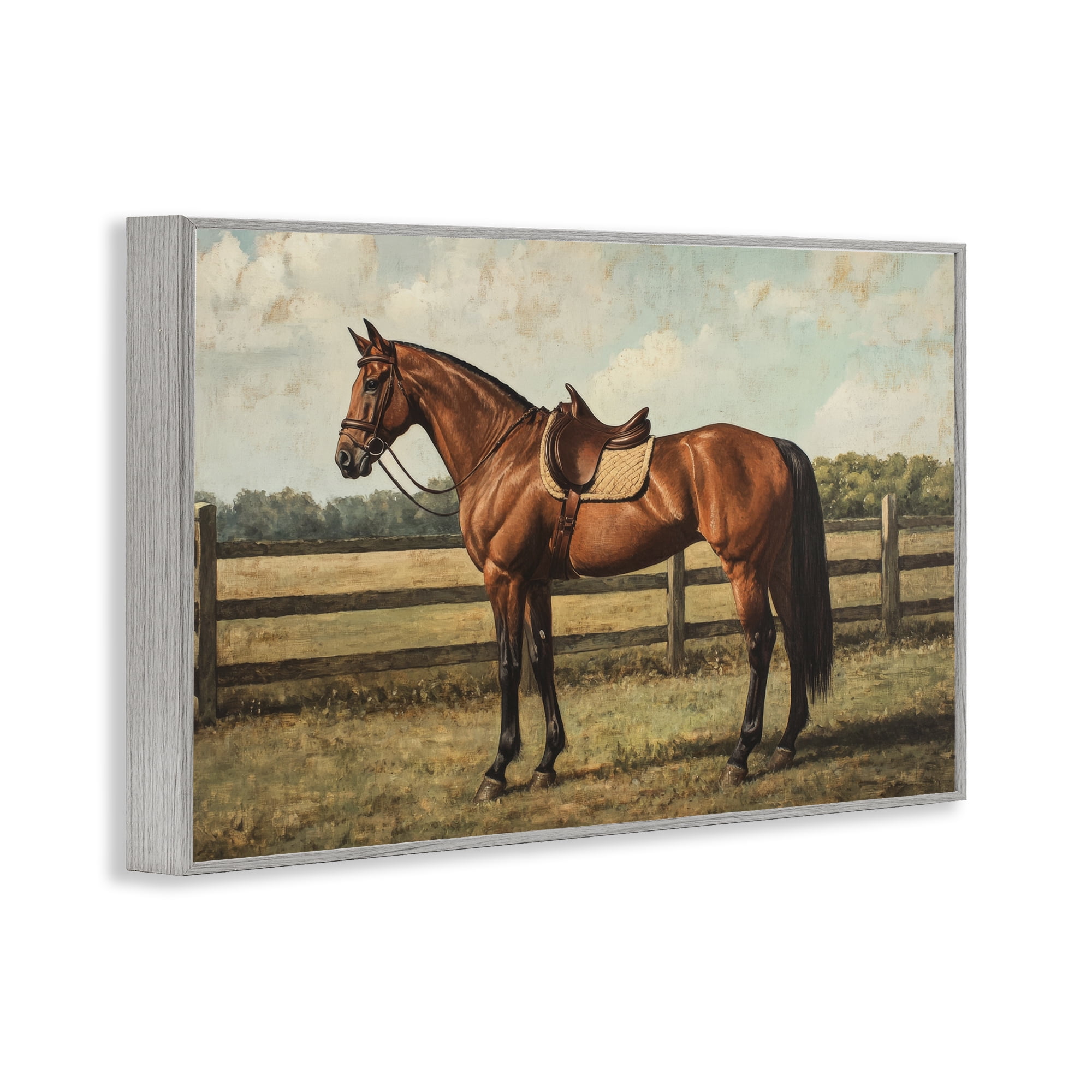 Stupell Industries Chocolate Stag Saddled in Pasture Gray Framed Giclee Art, design by Petal Prints Design