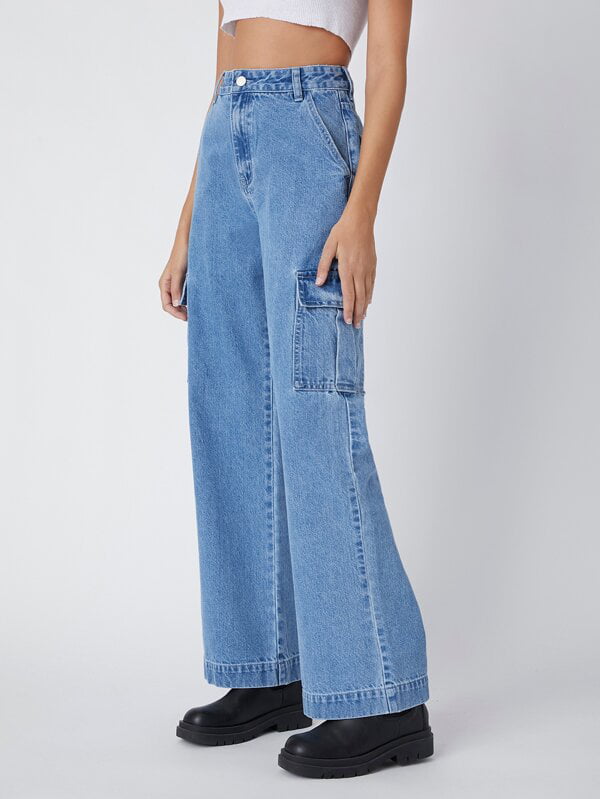 LIENRIDY Women's Vintage High-Waist Flap Pocket Whip Stitch Cargo Jeans ...