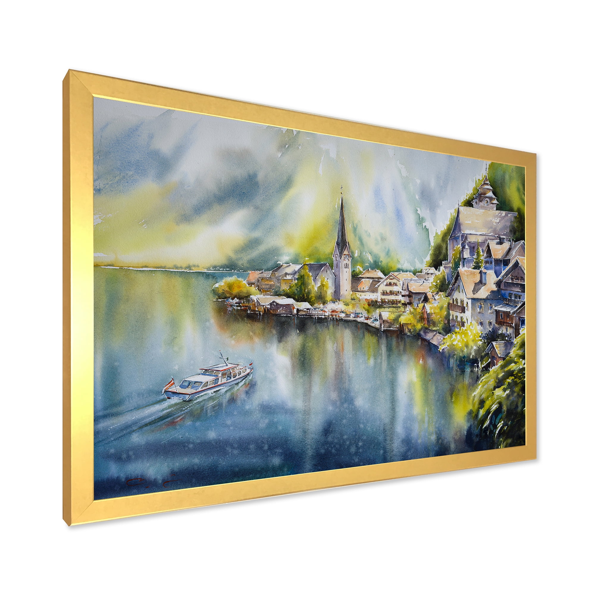 Designart 'The River In Austria Through Mountain Village' Nautical & Coastal Framed Art Print
