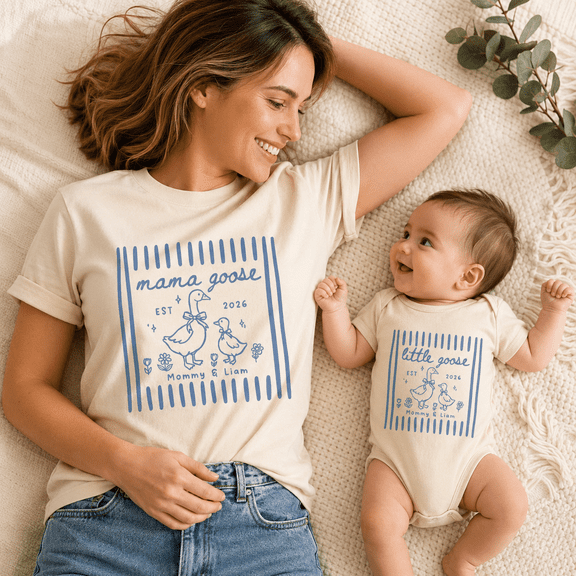 Mama Goose And Little Goose Matching Set, Custom Mom And Baby Shirts, Personalized Family Outfit, New Mom Gift Idea