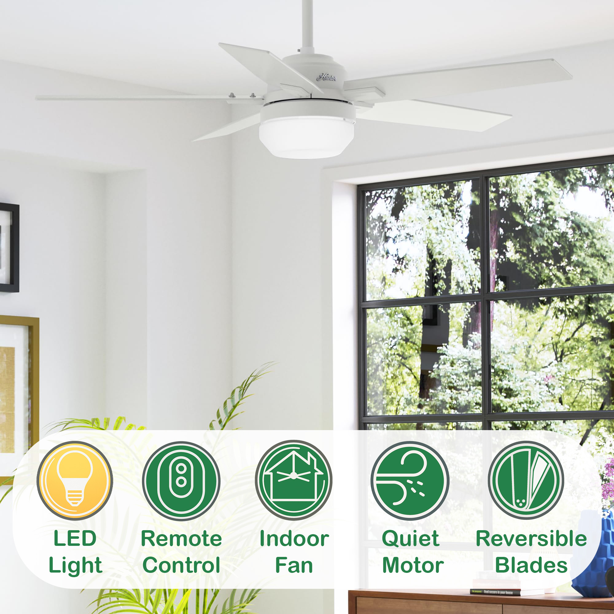 Restored Hunter Fan 52 Inch Matte White Ceiling Fan with Light and Remote Control, Indoor Ceiling Fan for Living Room, Bedroom, Office, Laundry Room, Basement (Refurbished)