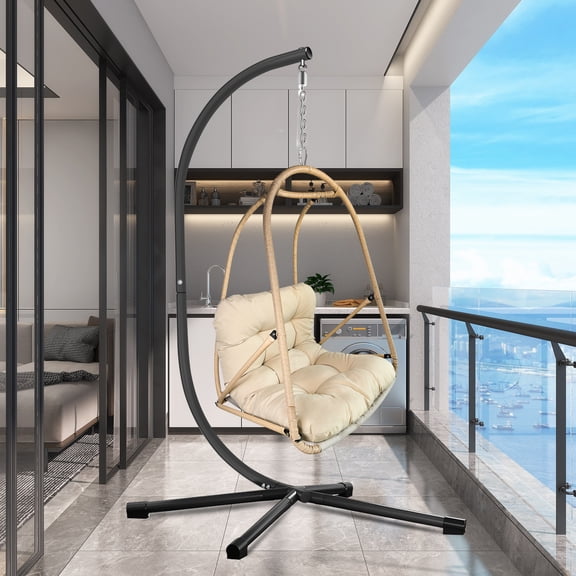 Swing Egg Chair with Stand Indoor Outdoor Wicker Rattan Patio Basket Hanging Chair with C Type bracket , with cushion and pillow,Patio Wicker folding Hanging Chair( Special construction cu