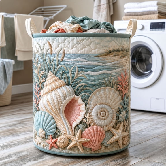 Seashell Shore Quilted Laundry Basket, with Handles, Foldable Clothes Hamper for Bedroom Storage