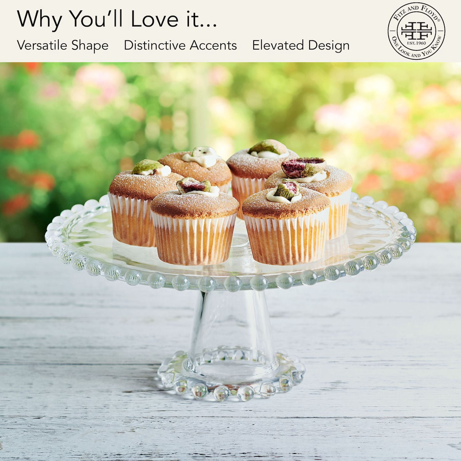 Fitz and Floyd Beaded 10.75 in Clear Glass Cake Stand