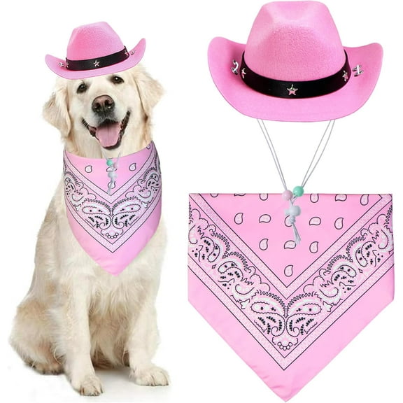 Dog Halloween Costumes, Dog Cowboy Costume Halloween Pet Cowboy Hat Bandana Scarf for Small Medium Large Dogs Pets (Pink Hat & Pink Bandana, Large)
