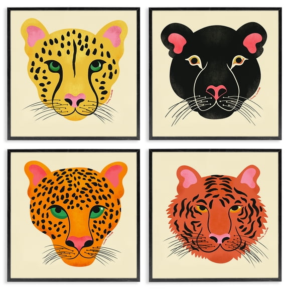 Stupell Industries Modern Jungle Wildlife Faces Animals Painting Black Framed Art Print Wall Art, 12 x 12, Set of 4