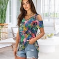 thumbnail image 3 of POLERO Colorful Palm Leaves Print Womens Cold Shoulder Summer Trendy Top Short Sleeve Shirt Sexy V Neck Blouse Casual Tee Basic Tshirt Vacation Beach Tunic Soft Lightweight L, 3 of 8