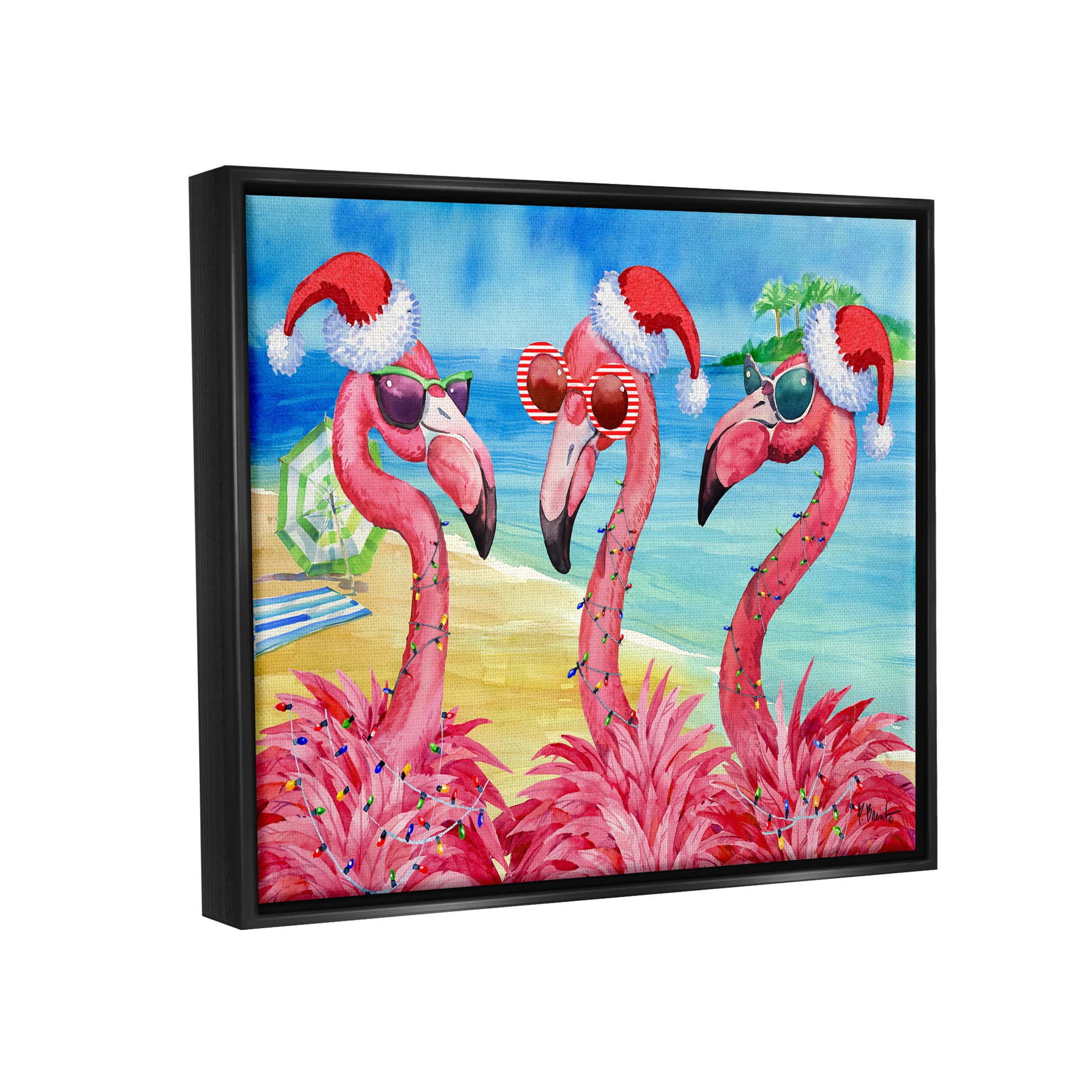 Stupell Industries Holiday Lights Flamingos Beach Graphic Art Jet Black Floating Framed Canvas Print Wall Art, Design by Paul Brent
