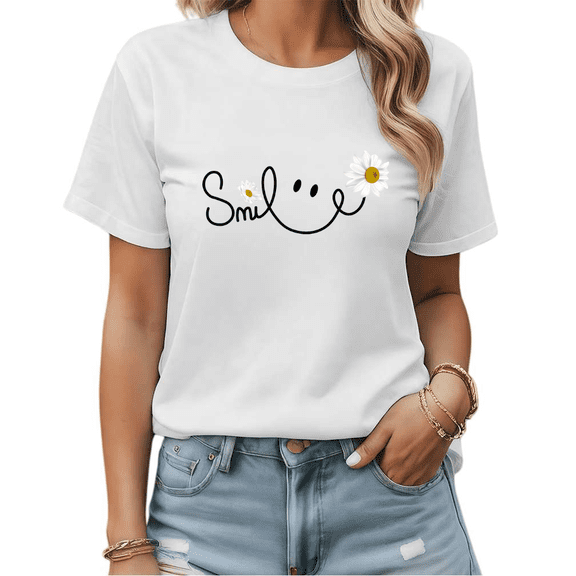 Smile Daisy Graphic Tees Womans T-shirt White S-5XL Shirts Positive Vibes Tops
